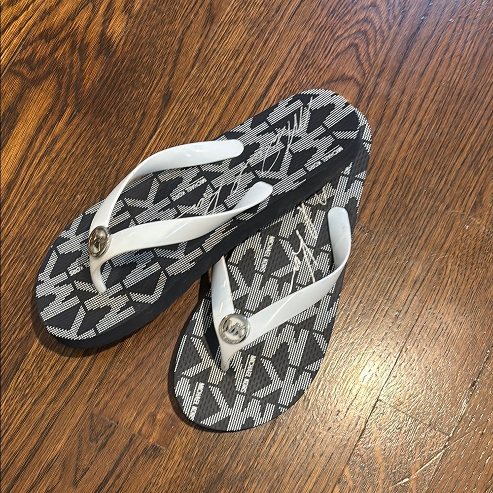 MK Navy and White Flip Flops with Logo Pattern